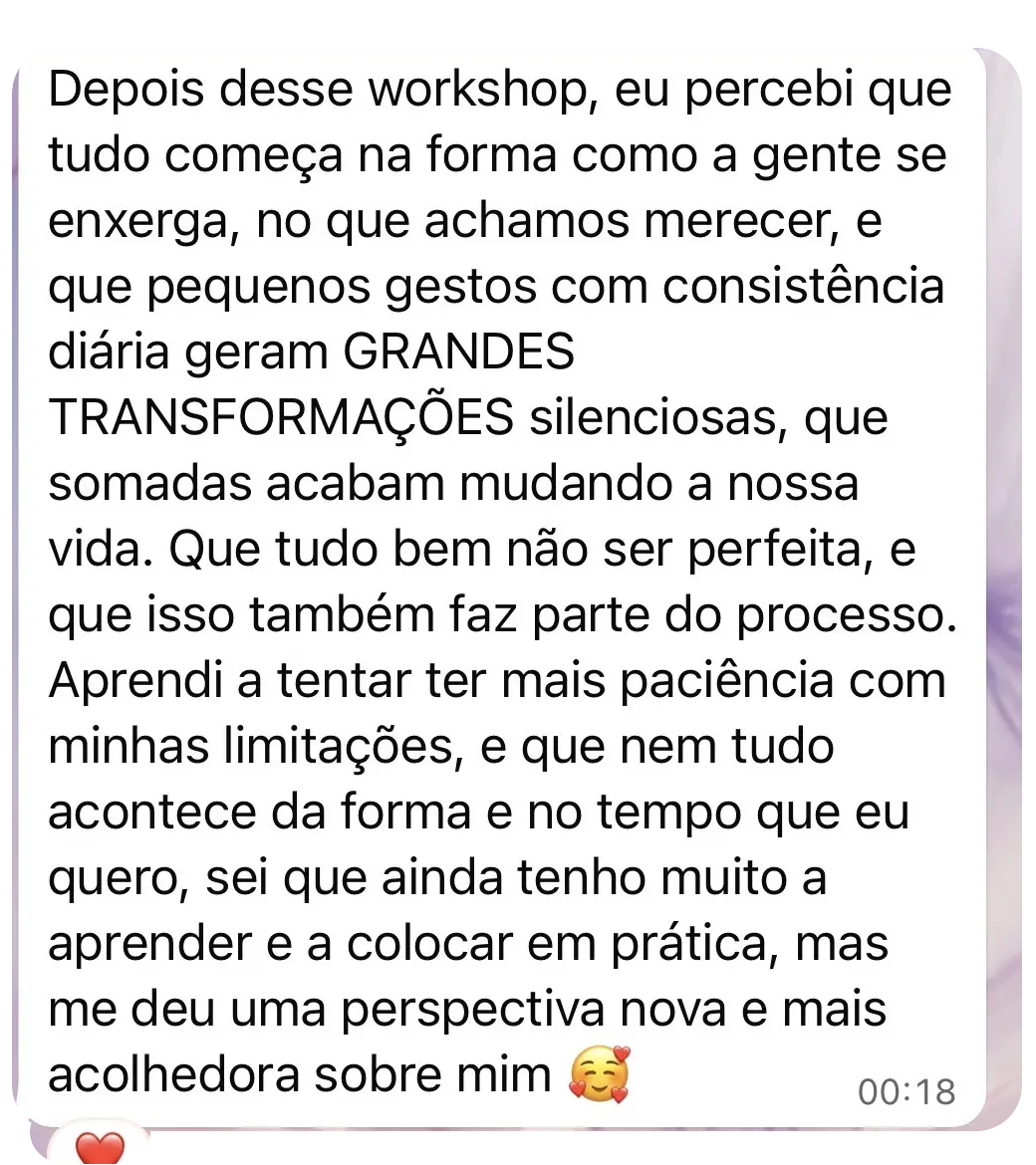 Mensagem real de uma participante sobre uma nova perspectiva depois do workshop